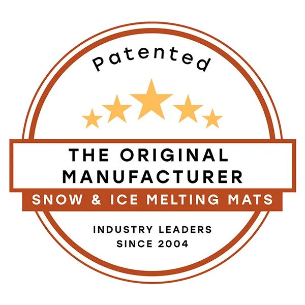 A circular promotional badge with the word 'Patented' at the top, five gold stars, and the text 'THE ORIGINAL MANUFACTURER', 'SNOW & ICE MELTING MATS', and 'INDUSTRIY LEADERS SINCE 2004' on a white background.