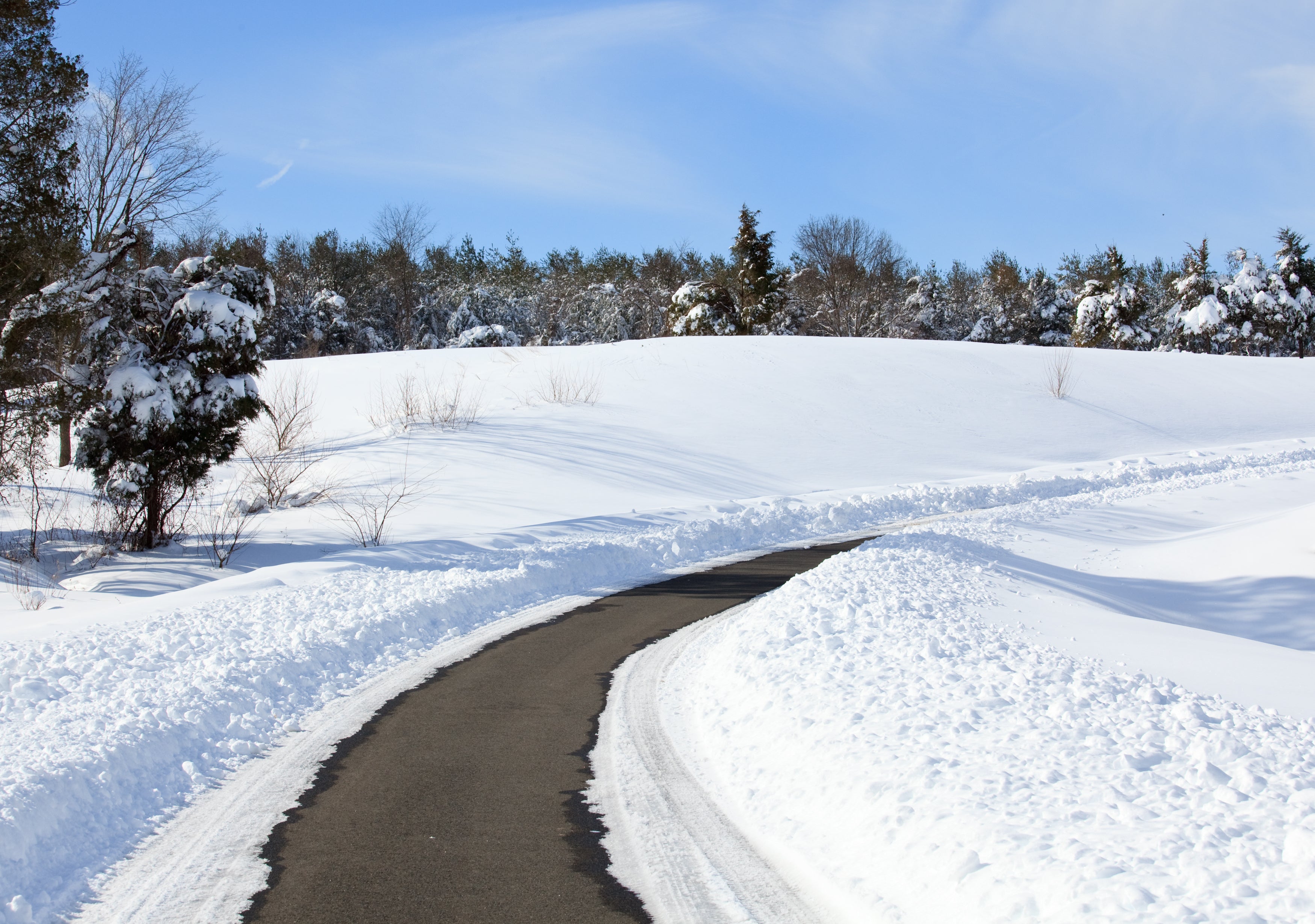 a clear black path is surrounded by snow banks. The scenery around it is more snow and pine trees.