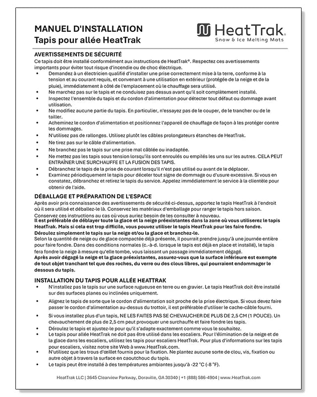 HeatTrak Driveway Mats Instructions Cover French Version