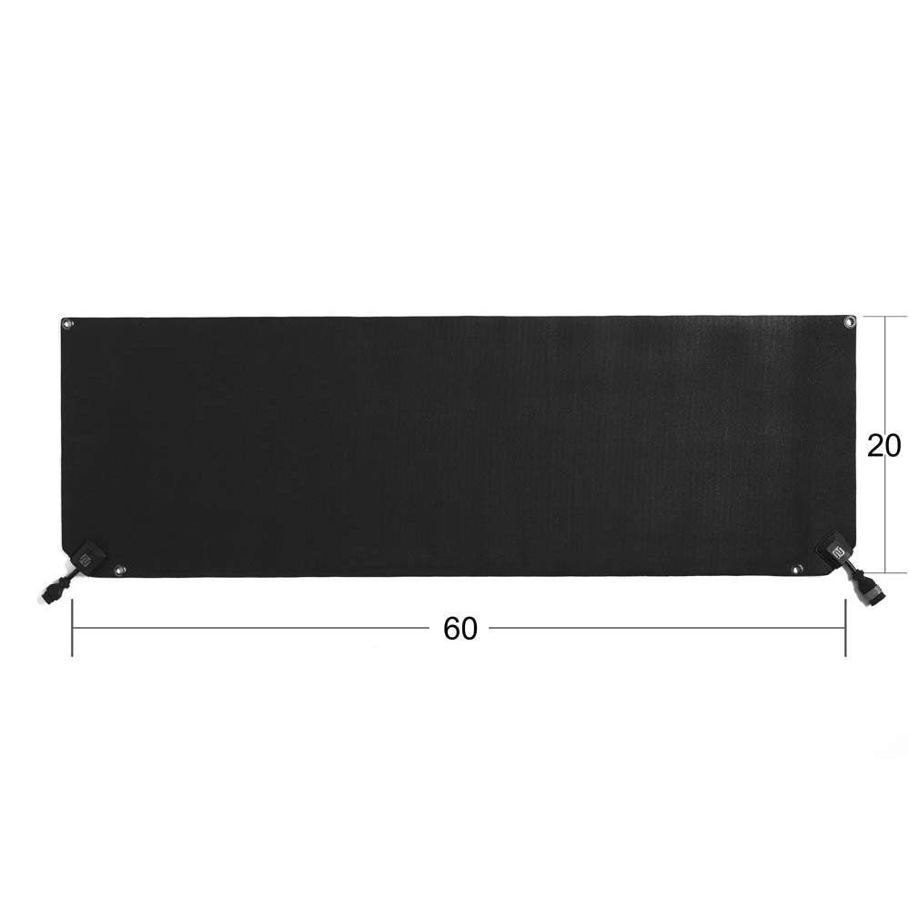 This black snow melting mat by HeatTrak is 20" x 60" and consumes 2.5 amps of power per hour. Non-slip textured surface.